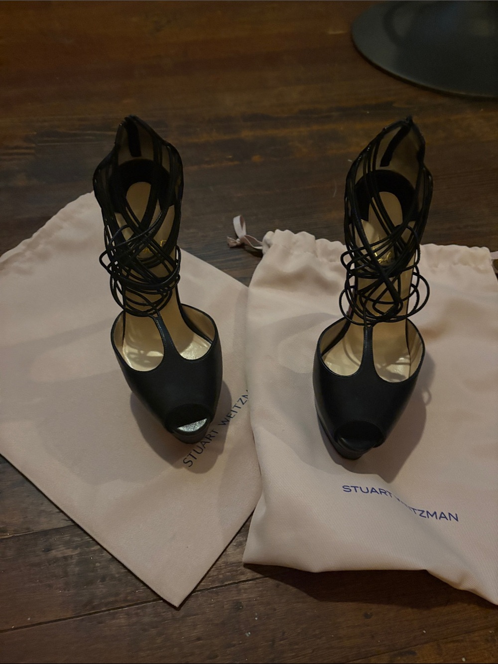 Stuart Weitzman Black Lace-Up Peep-Toe Wrap Heels